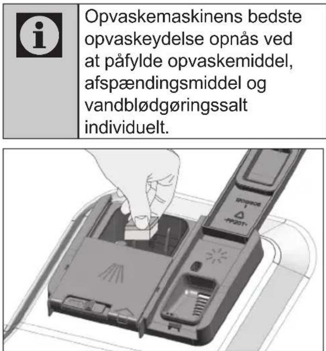 i Opvaskemaskinens bedste opvaskeydelse opnås ved at påfylde opvaskemiddel, afspændingsmiddel og vandblødgøringssalt individuelt.