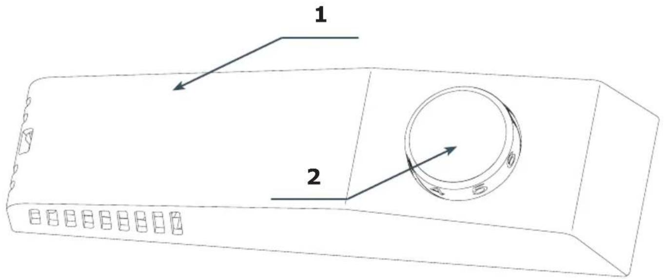 Technical diagram of a device casing with labeled parts 1 and 2, showing internal components and directional arrows.