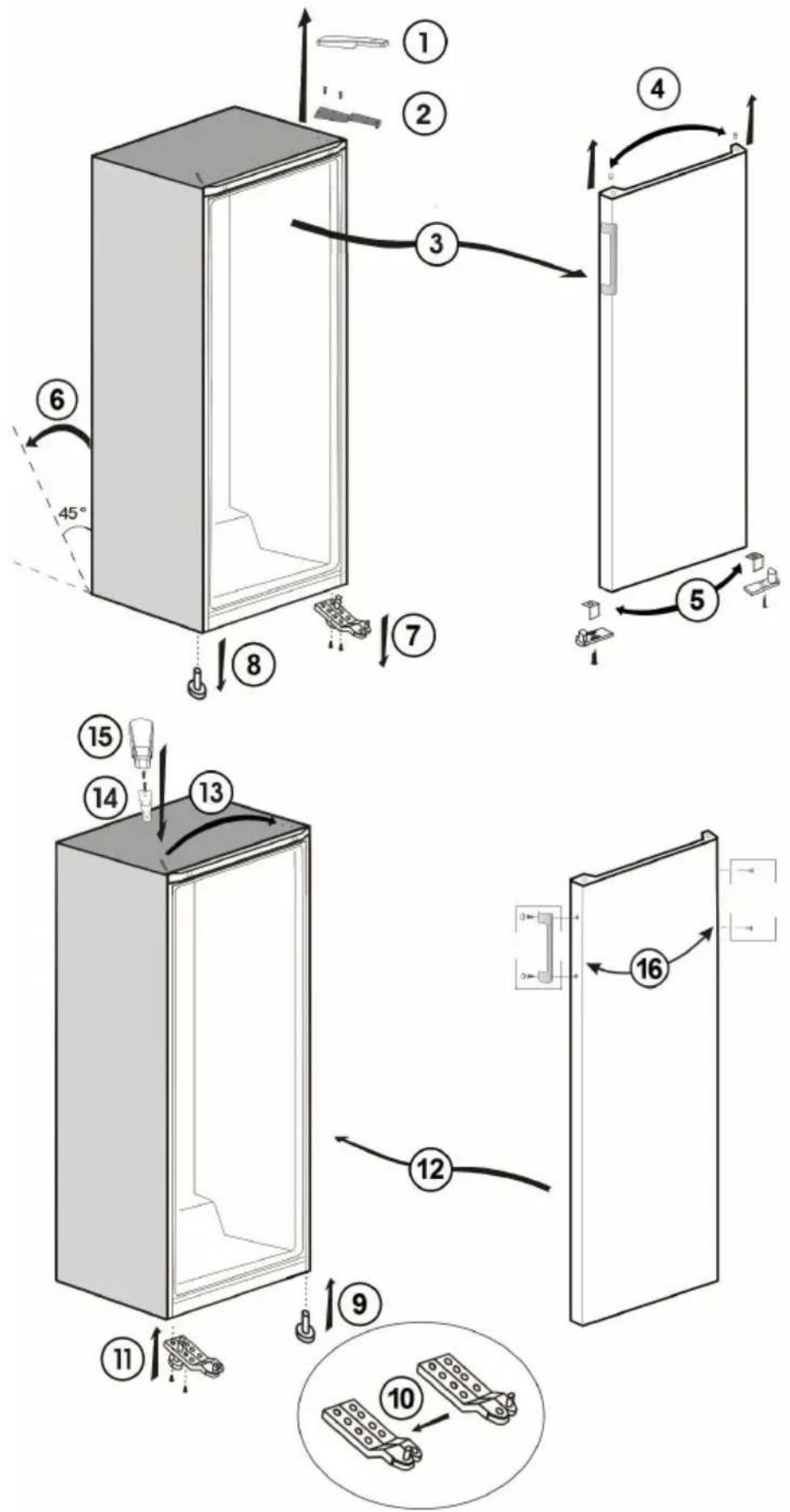 Diagram illustrating the 16-step assembly of a refrigerator with numbered parts and directional arrows indicating motion.