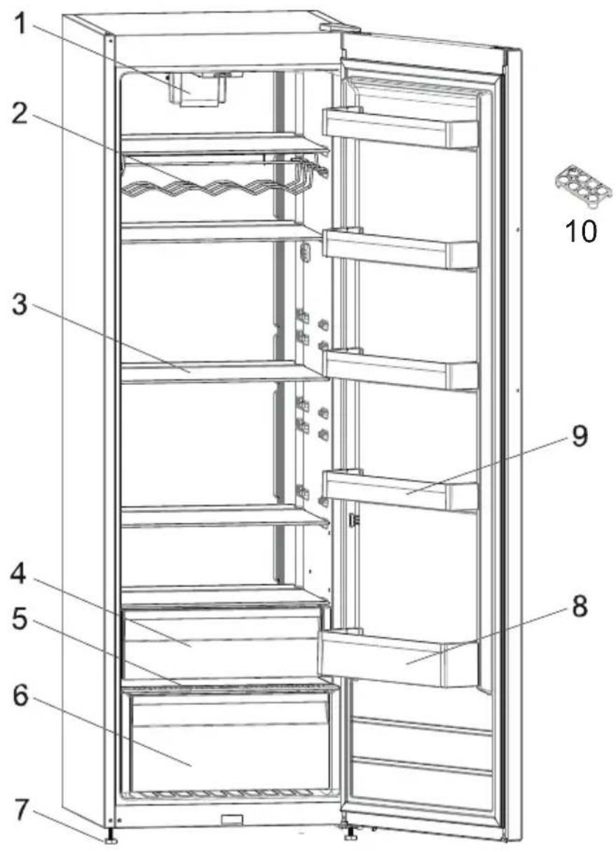Technical diagram of a refrigerator with numbered parts for identification and assembly reference