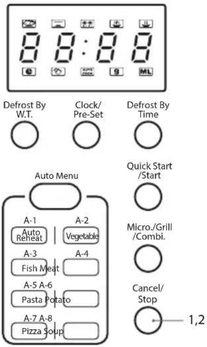 8 8:8 8 Defrost By W.T. Clock/ Pre-Set Defrost By Time Auto Menu A-1 A-2 Auto Reheat Vegetable A-3 A-4 Fish Meat A-5 A-6 Pasta Potato A-7 A-8 Pizza Soup Quick Start /Start Micro./Grill /Combi. Cancel/ Stop 1,2