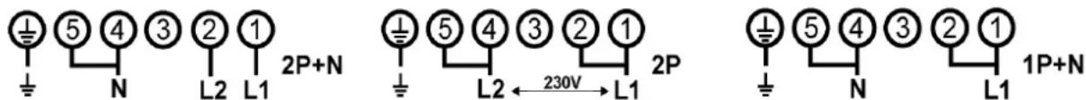 ① ⑤ ④ ③ ② ① ⊥ N L2 L1 2P+N ① ⑤ ④ ③ ② ① ⊥ L2 ←230V→L1 2P ① ⑤ ④ ③ ② ① ⊥ N L1 1P+N