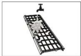 Diagram of a rectangular grid device with a faucet attached (no text or symbols).