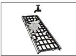 Diagram of a grid-patterned structure with a small faucet attached (no text or symbols)