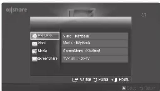 oj/share Asselukset Viesi : Käytësä Media : Käytësä Media ScreenShare - Käytësä ScreenShare TV-nmi - Kot-TV Valitse Palaa Poistu Setup Return