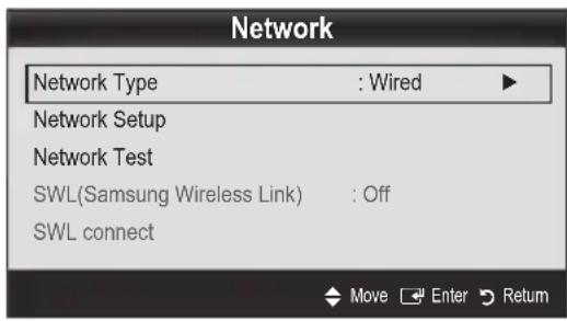 Network Network Type : Wired ▶ Network Setup Network Test SWL(Samsung Wireless Link) : Off SWL connect Move Enter Return