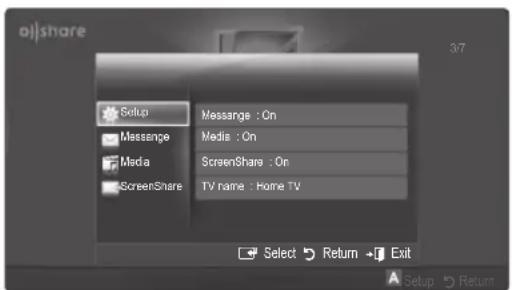 oJshare Setup Message : On Media : On ScreenShare : On ScreenShare TV name : Home TV Select Return Exit 37