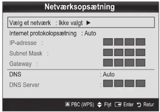 Netværksopsætning Vælg et netværk : Ikke valgt ▶ Internet protokolopsætning : Auto IP-adresse : Subnet Mask : Gateway : DNS : Auto DNS Server :