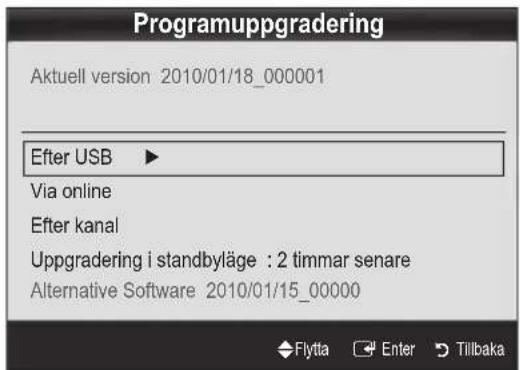 Programuppgradering Aktuell version 2010/01/18_000001 After USB ▶ Via online After kanal Uppgradering i standbyläge : 2 timmar senare Alternative Software 2010/01/15_00000 Flytta Enter Tillbaka