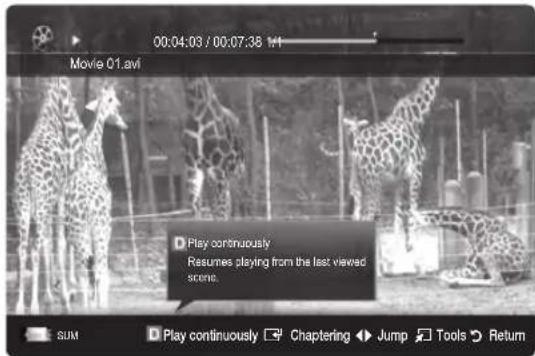 00:04:03 / 00:07:38 1/4 Movie 01.avi Play continuously Resumes playing from the last viewed scene. SUM Play continuously Chaptering Jump Tools Return