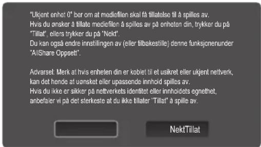 "Ukjent enhet 0" ber om at mediefilon skal få tillatelse til å spillos av. Hvis du ønsker å tillate mediefilon å spilles av på enheten din, trykker du på "Tillat", ellers trykker du på "Nekt". Du kan også endre innstillingen av (eller tilbakestille) denne funksjonunder "AilShare Oppsett". Advarsel: Merk at hvis enheten din er kobiet til et usikret eller ukjent nettverk, kan det hende at uønsket eller upassende innhold spilles av. Hvis du ikke er sikker på nettverkets identitet eller innholdets egnethet, anbefaler vi på det sterkeste at du ikke tillater "Tillat" å spille av. NektTillat