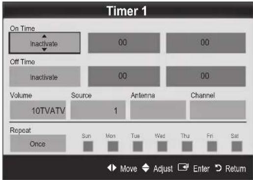 Timer 1 On Time Inactivate 00 00 Off Time Inactivate 00 00 Volume Source Antenna Channel 10TVATV 1 Repeat Once Sun Mon Tue Wed Thu Fri Sat Move Adjust Enter Return