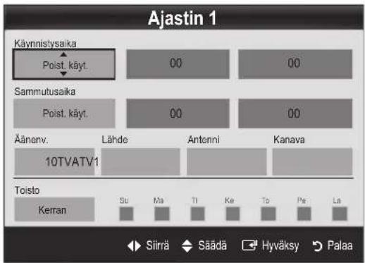 Ajastin 1 Käynnistysaika Poist. käyt. 00 00 Sammutusaika Poist. käyt. 00 00 Äänorv. Lähde Antenni Kanava 10TVATV1 Toisto Kerran Su Ma Ti Ke To Pe La Sillrä Säädä Hyväksy Palaa