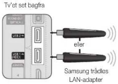 Tv'et set bagfra USB 2 USB 1 (HDD) eller Samsung trådlos LAN-adapter