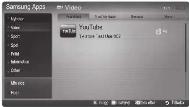Samsung Apps Nyhctor Video Sport Spot Fritid Information Other Min sida Help Video Framhåv Meet námtade Seraale Namn YouTube TV store Test User002 Fri Inlogg Miniatyny Sottera efter Tillbaka