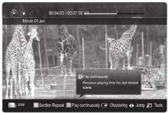00:04:03 / 00:07:38 1/1 Movie 01.avi Play continuously Resumes playing from the last viewed scene. SUM Section Repeat Play continuously Chaptering Jump Tools