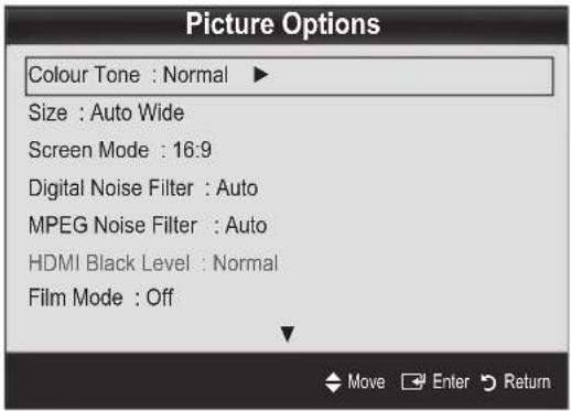 Picture Options Colour Tone : Normal ▶ Size : Auto Wide Screen Mode : 16:9 Digital Noise Filter : Auto MPEG Noise Filter : Auto HDMI Black Level : Normal Film Mode : Off Move Enter Return