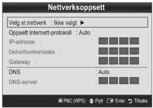 Nettverksoppsett Velg et nettverk : Ikke valgt ▶ Oppsett Internett-protokoll : Auto IP-adresse : Delnettverksmaske : Gateway : DNS : Auto DNS-server :