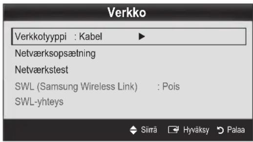Verkko Verkkotyyppi : Kabel Netværksopsætning Netværkstest SWL (Samsung Wireless Link) : Pois SWL-yhteys Siirä Hyväksy Palaa
