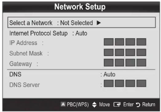 Network Setup Select a Network : Not Selected ▶ Internet Protocol Setup : Auto IP Address : Subnet Mask : Gateway : DNS : Auto DNS Server :