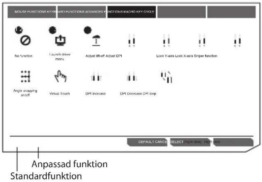 MOUSE FUNCTIONS KEYBOARD FUNCTIONS ADVANCED FUNCTIONS MACRO KEY CYCLE 1.2 No function Launch driver menu Adjust lift-off Adjust DPI Lock Y-axis Lock X-axis Sniper function Angle snapping on/off Virtual Touch DPI Increase DPI Decrease DPI Icon DEFAULT CANCE SELECT (light click) FIRST PICK Anpassad funktion Standardfunktion