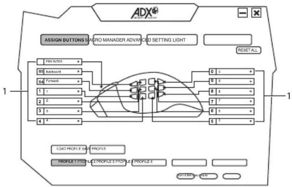 ADX® ASSIGN BUTTONS MACRO MANAGER ADVANCED SETTING LIGHT RESET ALL Fire button B5 Backword B4 Forward 1 1 2 2 3 3 4 4 0 0 9 9 8 8 7 7 6 6 5 5 LOAD PROFILE SAVE PROFILE PROFILE 1 PROFILE 2 PROFILE 3 PROFILE 4 PROFILE 5 Save & Edit Completely