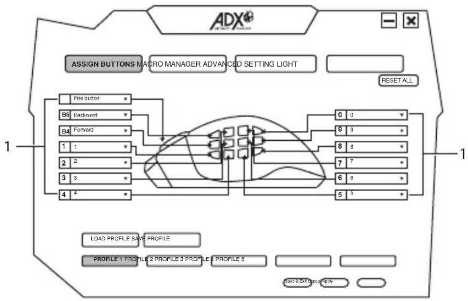 ADX® ASSIGN BUTTONS MACRO MANAGER ADVANCED SETTING LIGHT RESET ALL Fire button B5 Backward B4 Forward 1 1 2 2 3 3 4 4 0 0 9 9 8 8 7 7 6 6 5 5 LOAD PROFILE SAVE PROFILE PROFILE 1 PROFILE 2 PROFILE 3 PROFILE 4 PROFILE 5 Save & Edit Window Help