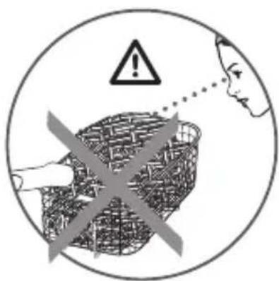 Warning symbol with exclamation mark and crossed basket, indicating hazardous material or safety warning