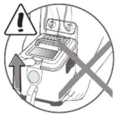 Warning symbol with exclamation mark and crossed-out hand gesture, indicating safety or hazard