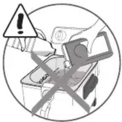 Warning symbol with exclamation mark and crossed-out hand gesture, indicating incorrect safety or hazard
