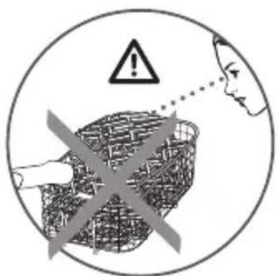 Warning symbol with warning triangle, crossed basket, and face icon, indicating incorrect safety or hazard