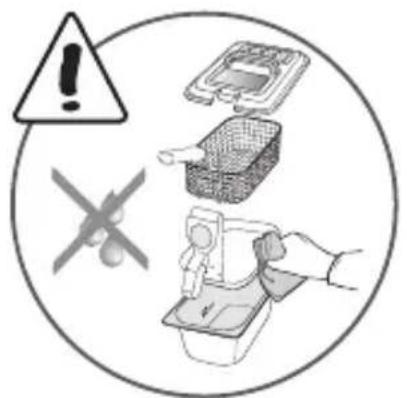 Warning symbol image showing incorrect and correct actions: warning triangle, crossed-out cross, and food containers with a hand holding a container.