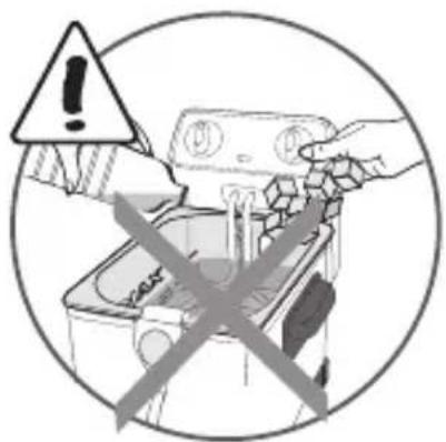 Warning symbol image showing a hand holding a device with warning sign and crossed-out 'X' symbols, indicating no readable text or symbols.
