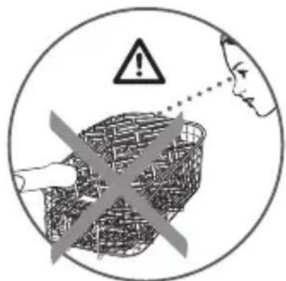 Warning symbol with warning triangle, crossed basket, and face pointing to a person's face