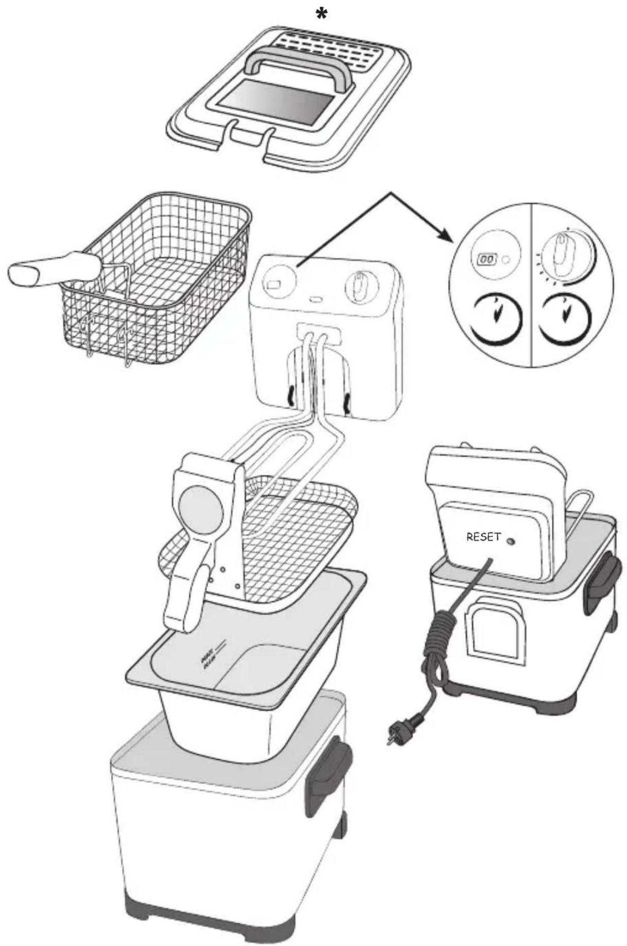 Diagram illustrating the installation and cleaning process of a kitchen appliance, showing components like a main filter, basket, washing machine, and reset unit.