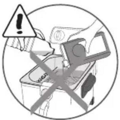 Warning symbol with exclamation mark and crossed-out device, indicating hazardous or uncorrected use of a device.