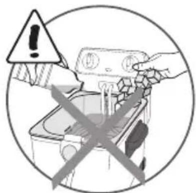 Warning symbol with exclamation mark and crossed arrows indicating blocked actions around a trash bin