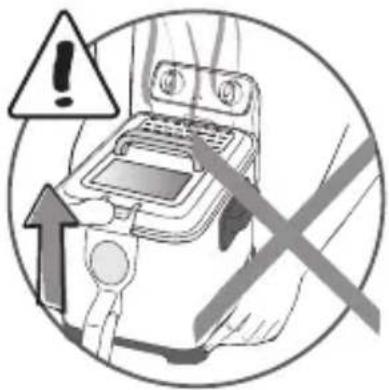 Warning symbol with exclamation mark and crossed-out hand gesture, indicating hazard or caution