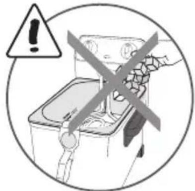 Warning symbol with exclamation mark and crossed-out hand, indicating incorrect safety or hazard