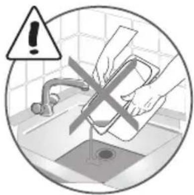 Safety warning symbol showing a hand washing a sink with a cross mark, indicating water safety or disinfection.