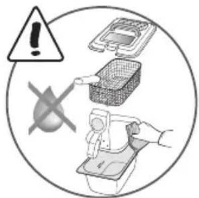 Warning symbol image showing a warning triangle with an exclamation mark and a crossed-out device, alongside icons of a food processor, a mesh container, and a hand holding a container.