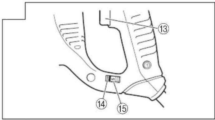 Technical diagram of a mechanical component with numbered parts labeled 13, 14, and 15