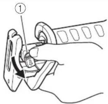 Diagram showing a hand holding a mechanical component with labeled parts 1 and 3, indicating a step or sequence.