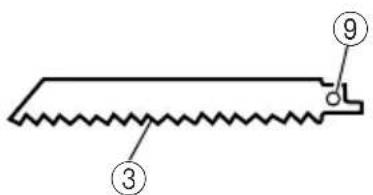 Diagram of a saw blade with labeled parts 3 and 9, showing internal structure and connection point.