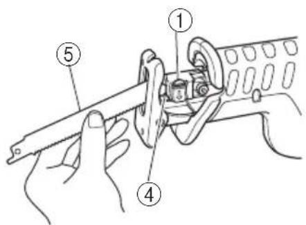 Technical diagram showing hands operating a tool with numbered parts labeled 1, 4, and 5