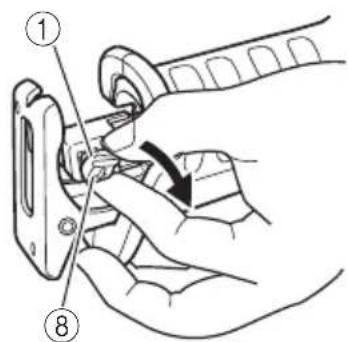 Diagram showing a hand holding a device with labeled parts, including numbered callouts ① and ⑧.