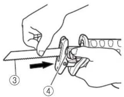 Diagram showing a hand using a saw to lift a mechanical component, labeled with parts ③ and ④.