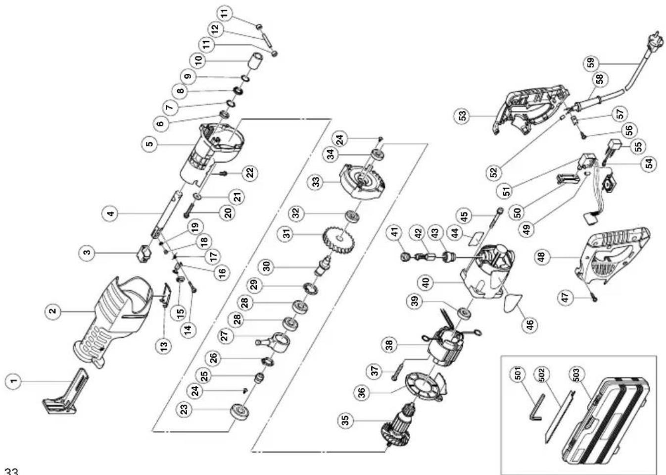 Exploded view diagram of a mechanical assembly with numbered parts and an inset detailed view labeled 501-59.