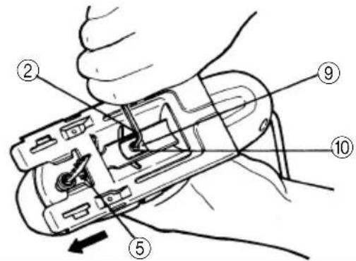 Technical diagram of a hand holding a mechanical tool with numbered parts labeled 2, 5, 9, and 10.
