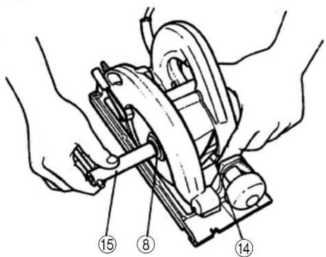 Technical diagram showing hands operating a mechanical device with numbered parts labeled 8, 14, and 15.